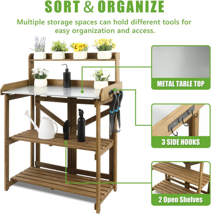 PetsCosset Folding Garden Potting Bench Table，Outdoor Wooden Work Station W/Metal Table Top,2 Tier Open Storage Rack,Top Shelf-Natural Stained