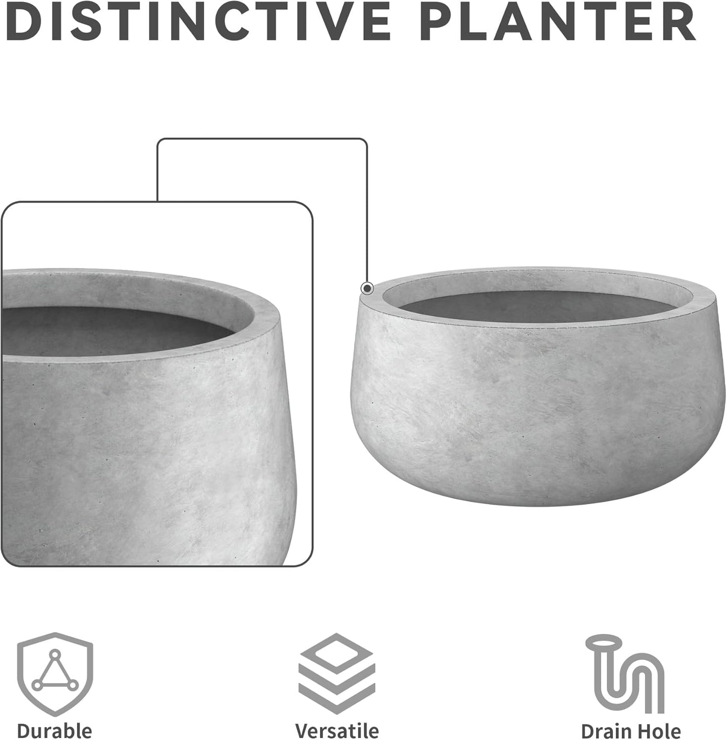 Kante 15.7" Dia Round Concrete Planter, Outdoor Indoor Garden Plant Pots with Drainage Hole and Rubber Plug, Modern Curvaceous Design, Slate Gray