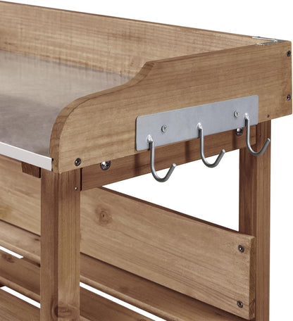 Topeakmart Potting Bench Table w/Metal Tabletop for Garden, Fir Wood Workstation w/3 Tier Shelves, Outdoor Work Bench w/Hook Natural Wood