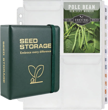 MUQING Seed Storage Organizer Binder, Holds 200 Seed Packets with Flip-Top Lid Sleeves, 50 Pages + 12 Monthly Cards + 4-Season Color-Coded Dividers, Faux Leather Seed Keeper Book for Gardeners (Green)