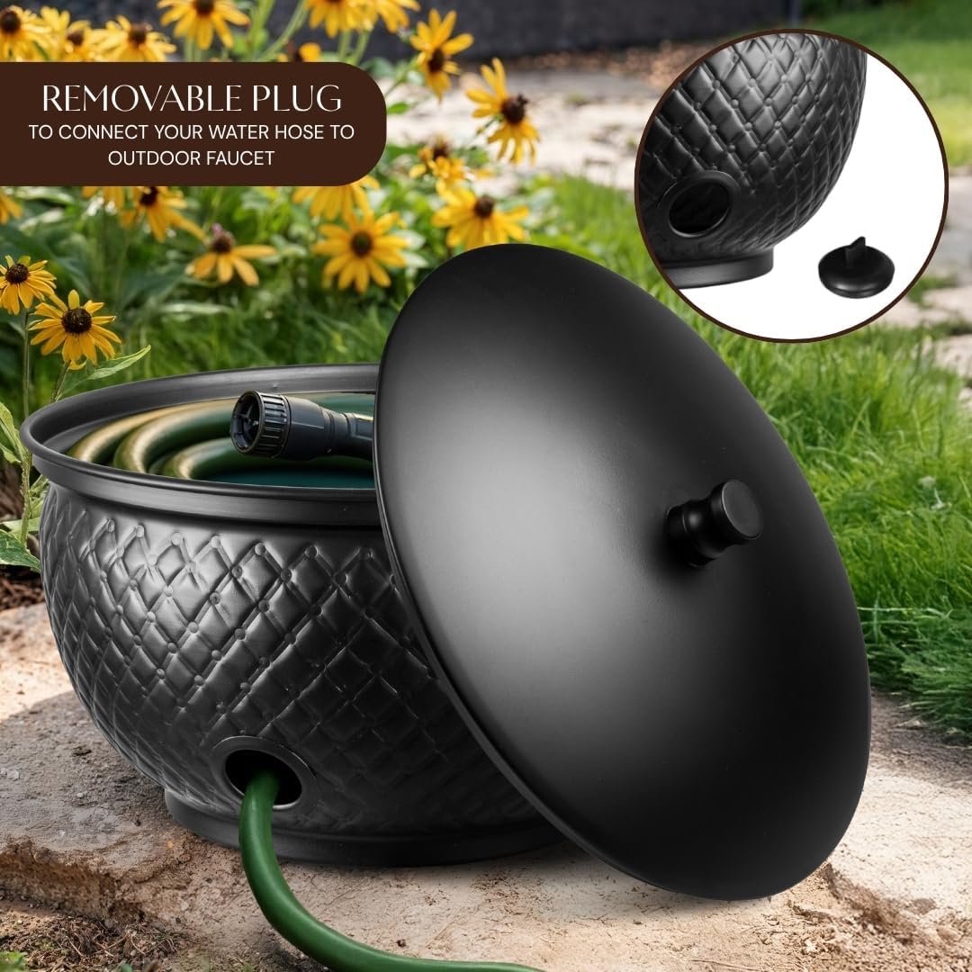 Monarch Abode Garden Hose Holder with Lid – Decorative Water Hose Holders for Outside, Diamond Embossed Metal Patina Pot with Drainage, 100ft Waterhose Holder for Outside, Garden Storage Caddy
