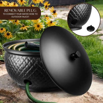 Monarch Abode Garden Hose Holder with Lid – Decorative Water Hose Holders for Outside, Diamond Embossed Metal Patina Pot with Drainage, 100ft Waterhose Holder for Outside, Garden Storage Caddy