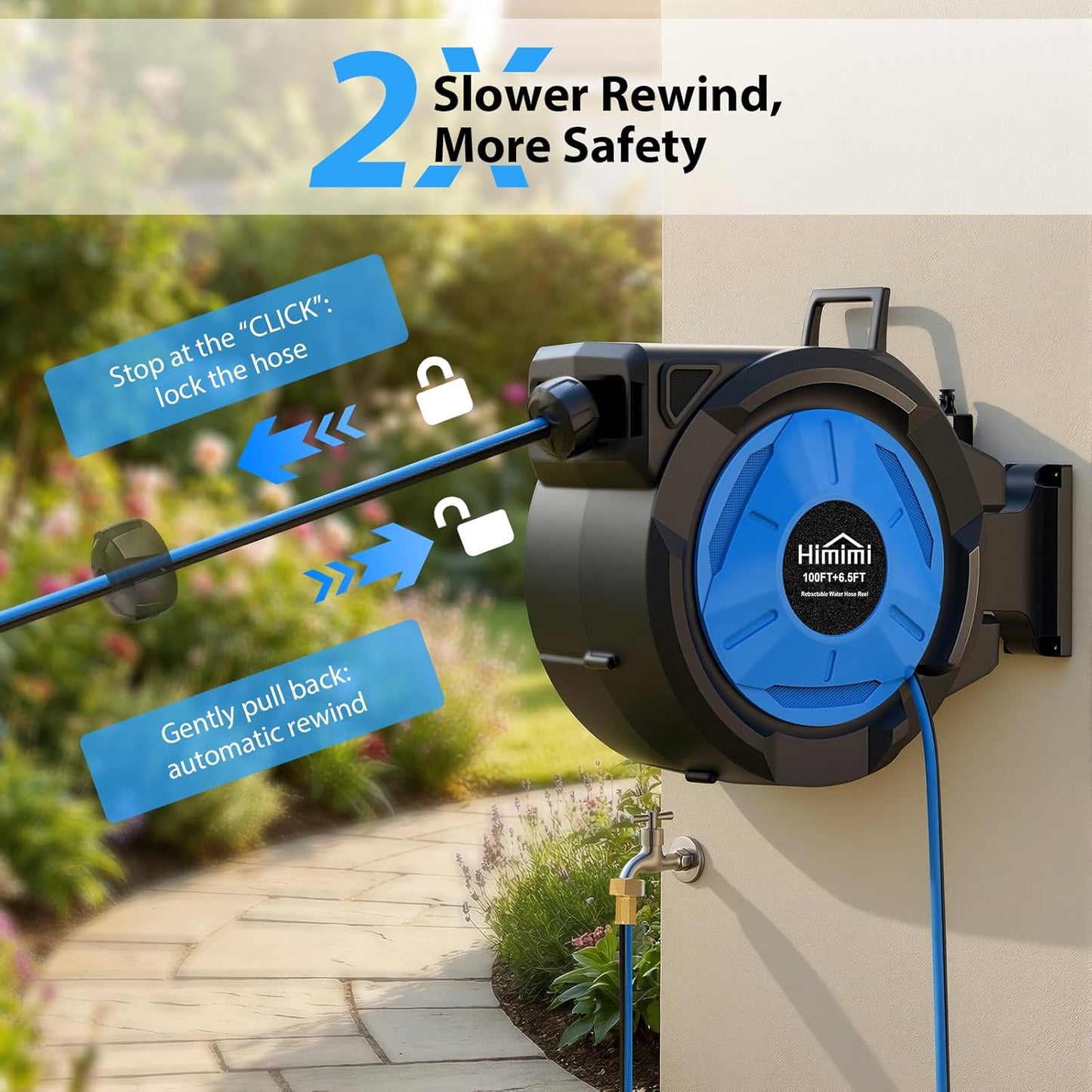 Retractable Garden Hose Reel, 5/8" x 90FT Automatic Retractable Water Hose Reel Wall Mount, with 10- Function Sprayer Nozzle, Any Length Lock/Auto Rewind/180°Swivel