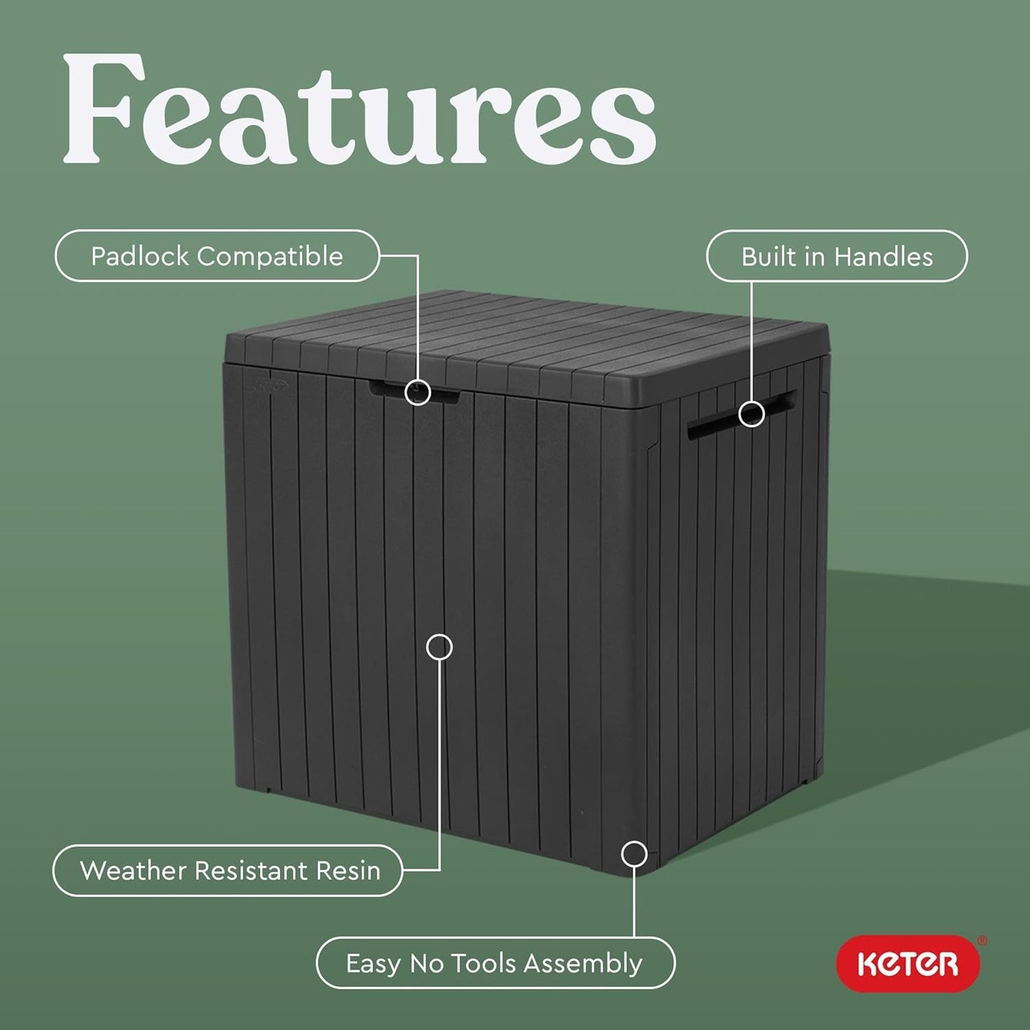 Keter City 30 Gallon Resin Outdoor Storage Box and Patio Furniture Side Table for Pool and Garden Accessories, Brown