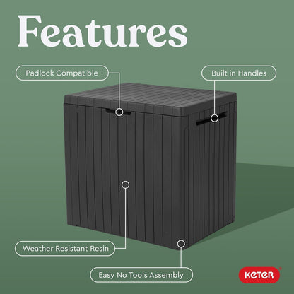 Keter City 30 Gallon Resin Outdoor Storage Box and Patio Furniture Side Table for Pool and Garden Accessories, Brown