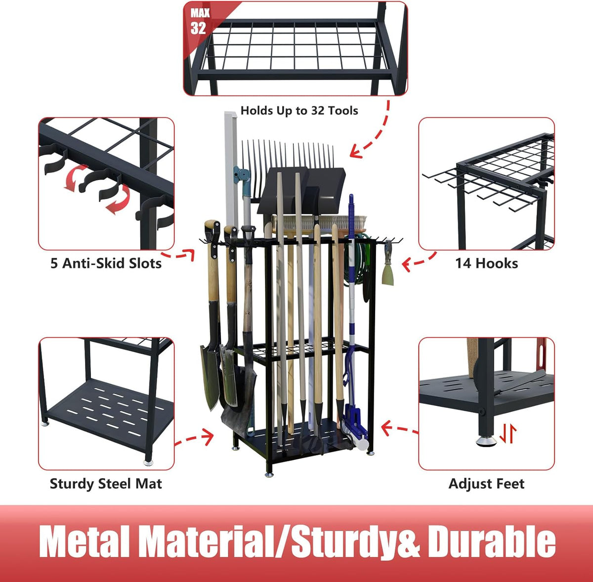 Faesun Garden Tool Organizer, 3-Tier Metal Yard Tool Rack with 14 Hooks & 5 Slots, Holds 50+ Rakes/Shovels/Brooms, Heavy Duty Freestanding Lawn Tool Storage for Garage Shed Outdoor Organization