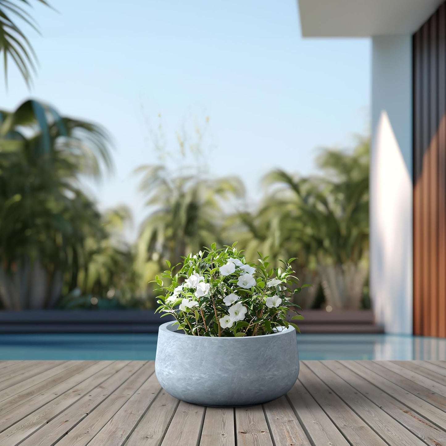 Kante 15.7" Dia Round Concrete Planter, Outdoor Indoor Garden Plant Pots with Drainage Hole and Rubber Plug, Modern Curvaceous Design, Slate Gray