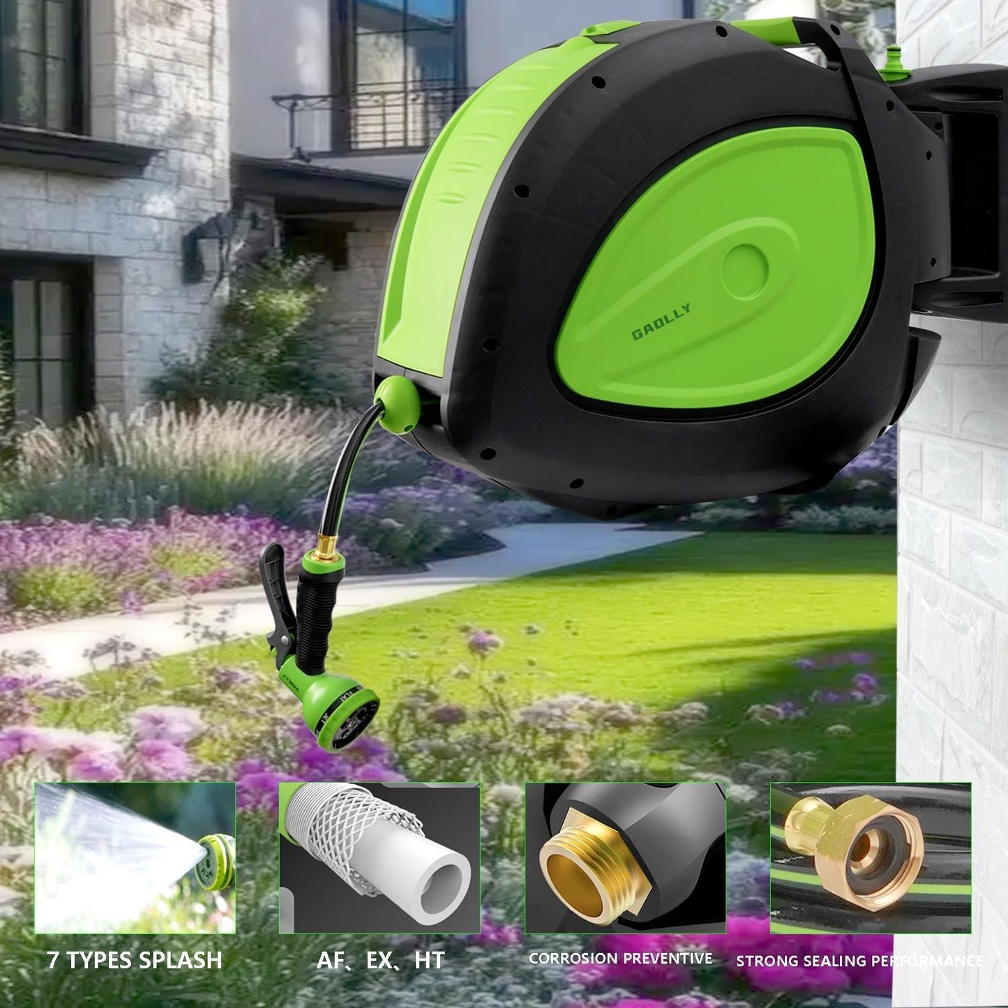 Retractable Garden Hose Reel, Smooth Slow Auto Rewind & Any-Length Lock, Premium Wall Mounted with 180° Swivel Bracket, 1/2 in High-Pressure Hose with 66 FT, Two Sprays