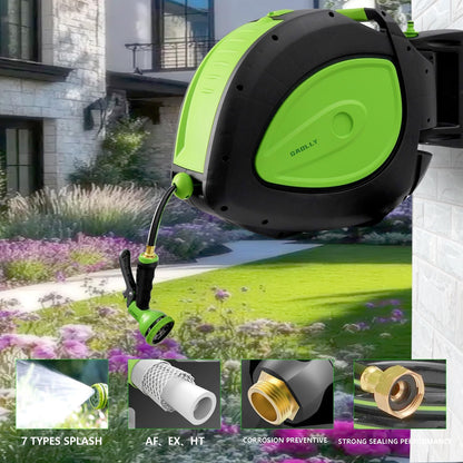 Retractable Garden Hose Reel, Smooth Slow Auto Rewind & Any-Length Lock, Premium Wall Mounted with 180° Swivel Bracket, 1/2 in High-Pressure Hose with 66 FT, Two Sprays