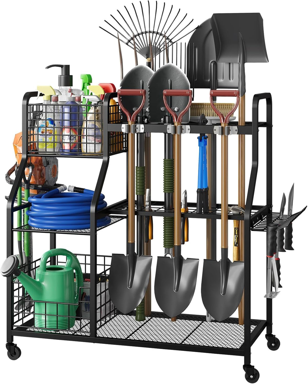 keomaisyto Garden Tool Organizer for Garage Organization, 3 Tier Yard Tool Storage Rack with 35 Long-Handled Tool Slots, Heavy Duty Garden Tool Holder with Large Hooks for Shed, Yard, Garage
