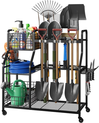keomaisyto Garden Tool Organizer for Garage Organization, 3 Tier Yard Tool Storage Rack with 35 Long-Handled Tool Slots, Heavy Duty Garden Tool Holder with Large Hooks for Shed, Yard, Garage