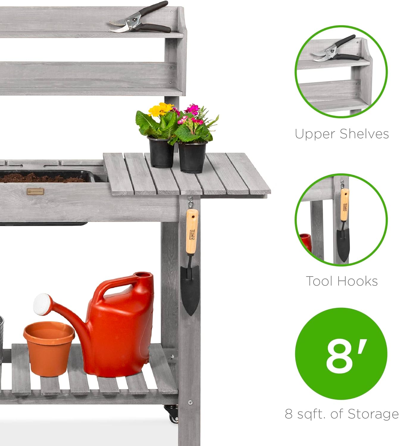 Best Choice Products Mobile Garden Potting Bench, Outdoor Wood Workstation Table w/Sliding Tabletop, 4 Locking Wheels, Food Grade Dry Sink, Storage Shelves - Sage Green