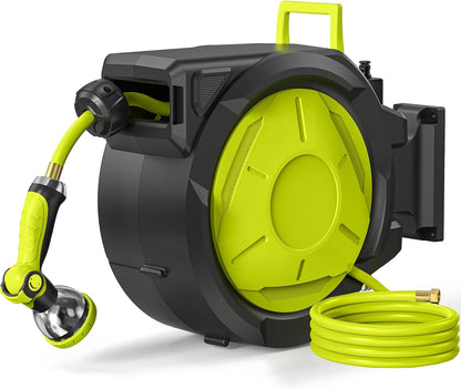 Fenbeli 50 FT Retractable Garden Hose Reel, Wall Mounted Auto Rewind, Any Length Lock, 10 Pattern Nozzle, 180° Swivel Bracket, Burst-Resistant Hose, Brass Fittings for Yard, Garden, Patio, Car Wash