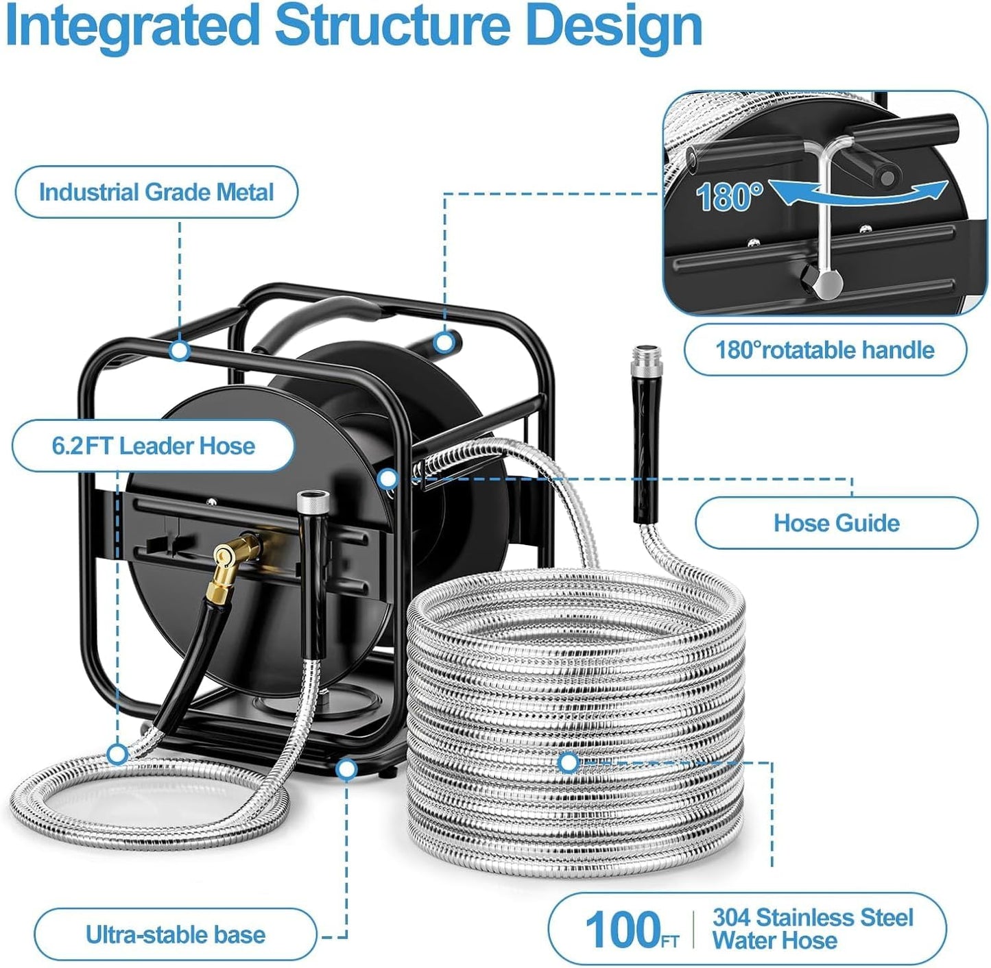 100ft Retractable Garden Hose Reel, Wall Mounted Metal Garden Hose Reel, Heavy Duty Stainless Steel Hose Reel with 9-Pattern Nozzle for Outside, Portable & 360° Rotation Frame