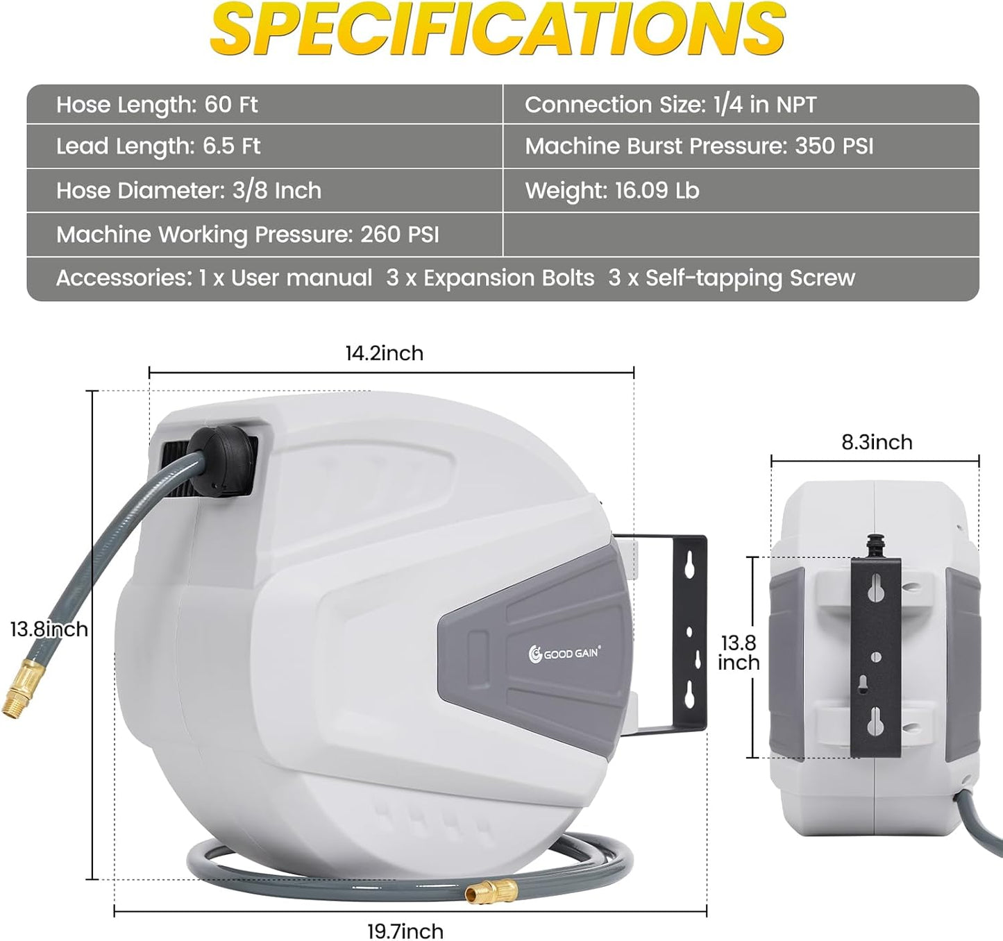 Air Hose Reel Retractable 3/8 in. x 50 ft Hybrid Polymer Hose, Retractable Auto-Rewind Enclosed Heavy Duty 180° Swivel Mount, Max 300PSI Commerical Polypropylene Grey