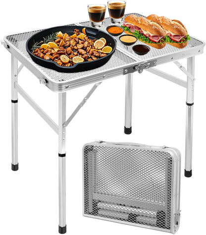 2Ft Small Folding Table with Carry Handle, Camping Table Adjustable Height 10.6–22 in, Black Metal Mesh, Portable & Compact for Outdoor/Indoor,Grill Table, 23.6×15.8 in, 4 lb, 66 lb Capacity