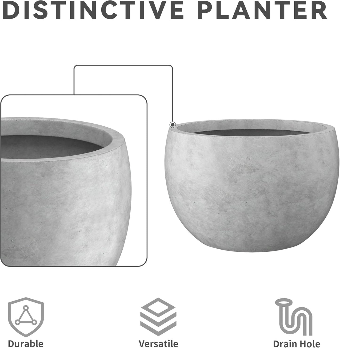 Large Round Bowl Vintage BRN Concrete Planter 19.9" Dia, Outdoor