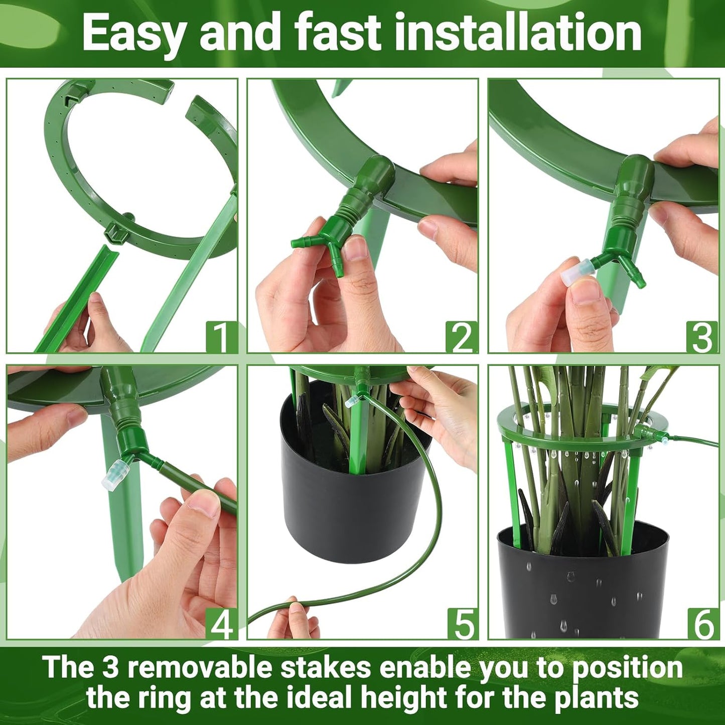 Tujoe 4 Set Water Ring 3 Leg Support Drip Emitter Drip Ring with 1/8 Inch Barbed Inlet Fitting Removable Stakes for Grow Media Irrigation System Rain Watering Tree Plants, Green (5 Inch)