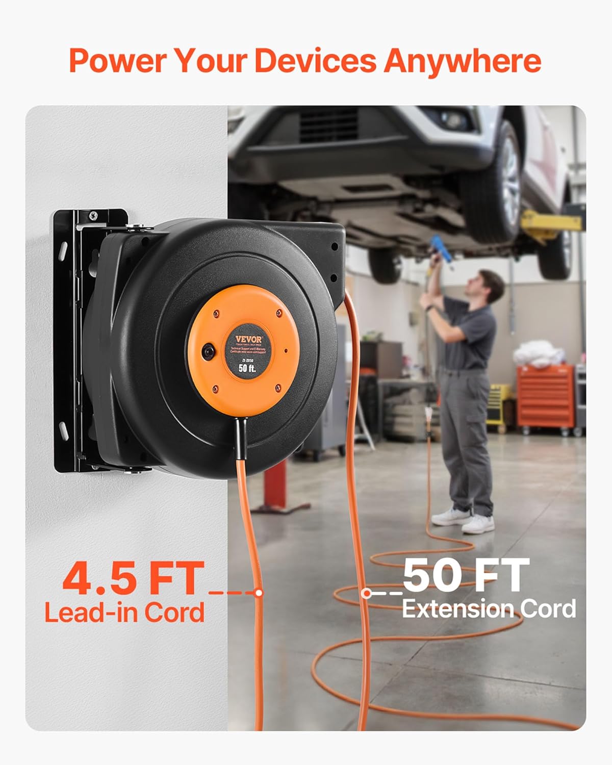 65FT Retractable Extension Cord Reel, Heavy Duty 12AWG/3C SJTOW Cord