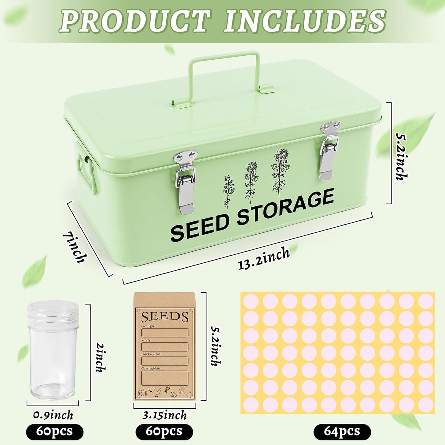 60 Slots Seed Storage Organizer, Metal Seed Saving Box with Lid and Safety Locks, Seeds Storage Container with 60 Seeds Envelopes and 64 Label, 3 Compartments, Perfect for Flower Plants Garden