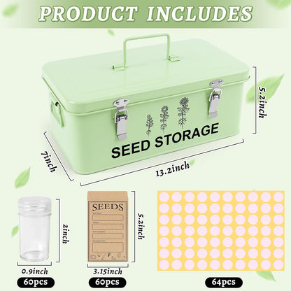 60 Slots Seed Storage Organizer, Metal Seed Saving Box with Lid and Safety Locks, Seeds Storage Container with 60 Seeds Envelopes and 64 Label, 3 Compartments, Perfect for Flower Plants Garden
