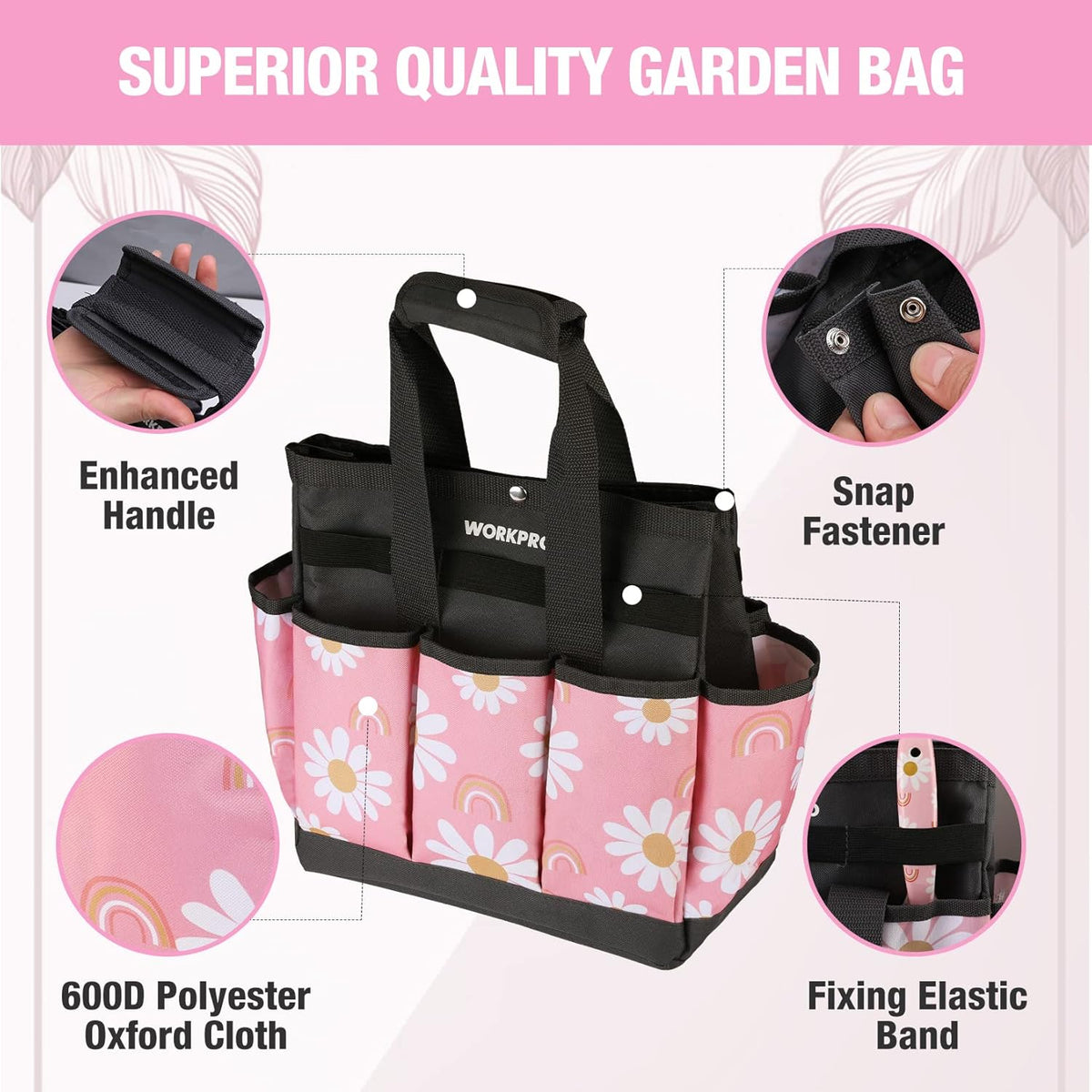 WORKPRO Garden Tool Bag, 9 Pockets Gardening Bag, Heavy Duty Oxford Garden Tote Caddy (Tools NOT Included), 12" x 12" x 6" (Floral White)