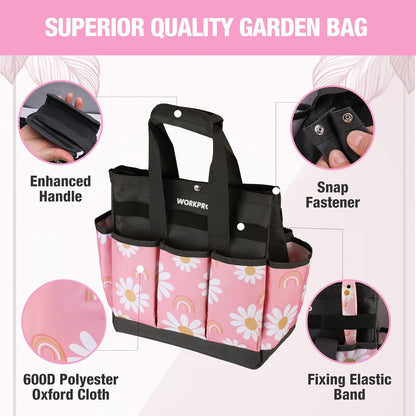 WORKPRO Garden Tool Bag, 9 Pockets Gardening Bag, Heavy Duty Oxford Garden Tote Caddy (Tools NOT Included), 12" x 12" x 6" (Floral White)