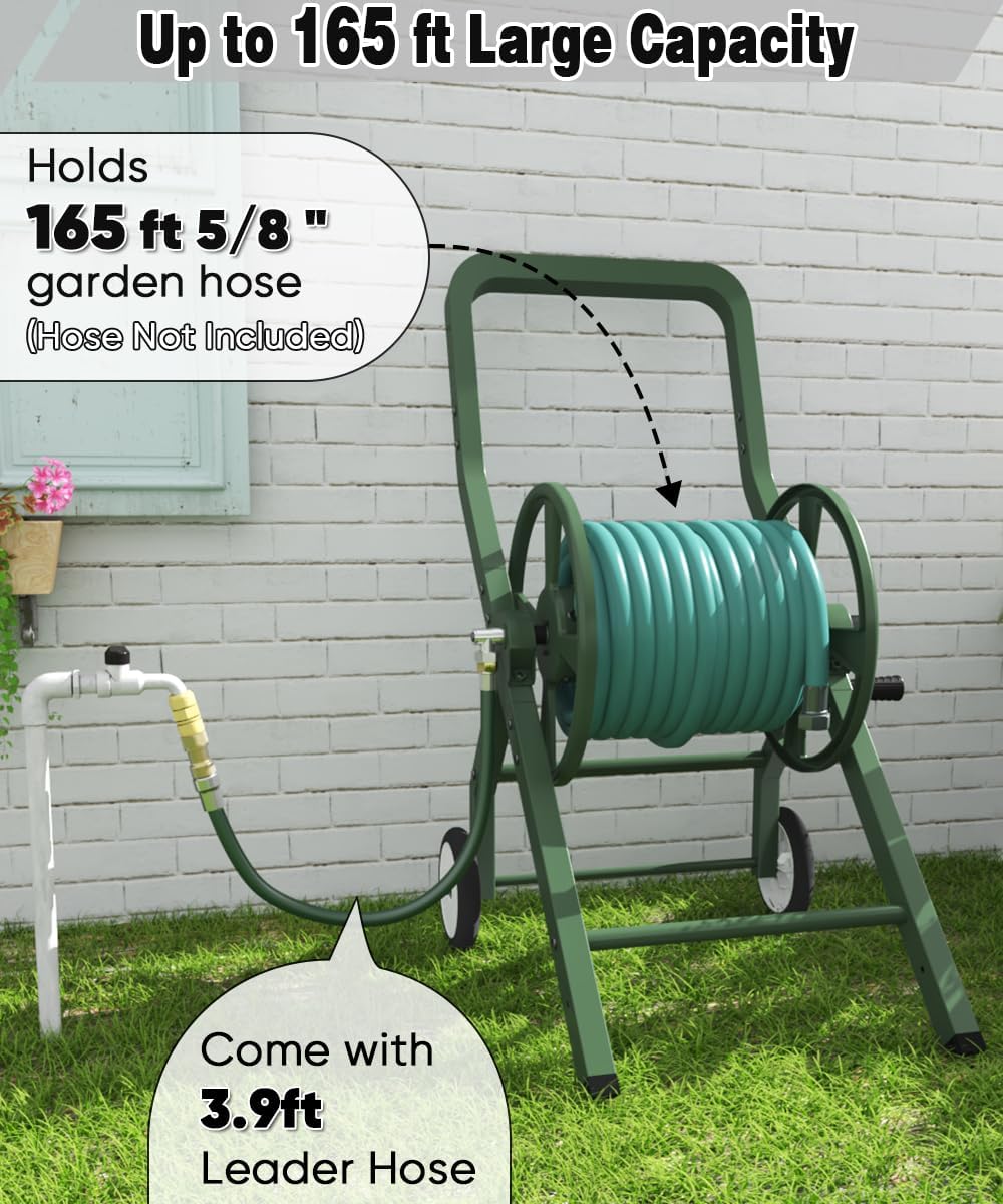 Artigarden Garden Hose Reel Cart with Wheels, Outdoor Heavy Duty Powder-coated Steel Water Storage Winder Holder, Holds 125 ft of 5/8’’ Hose with 3.9 Ft Leader Hose for Outside Lawn Yard, Black