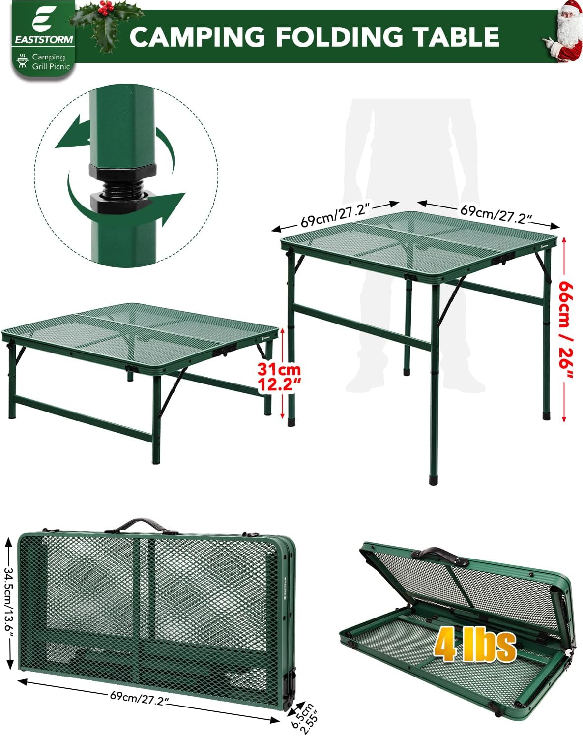 2Ft Small Folding Table with Carry Handle, Camping Table Adjustable Height 10.6–22 in, Black Metal Mesh, Portable & Compact for Outdoor/Indoor,Grill Table, 23.6×15.8 in, 4 lb, 66 lb Capacity