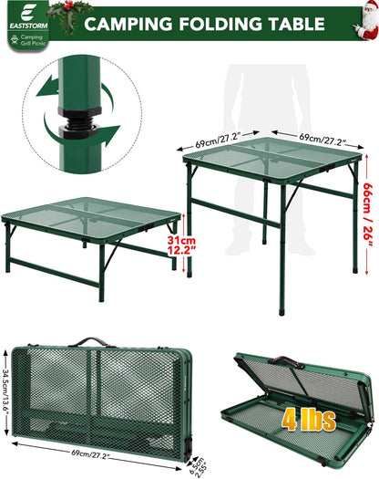2Ft Small Folding Table with Carry Handle, Camping Table Adjustable Height 10.6–22 in, Black Metal Mesh, Portable & Compact for Outdoor/Indoor,Grill Table, 23.6×15.8 in, 4 lb, 66 lb Capacity