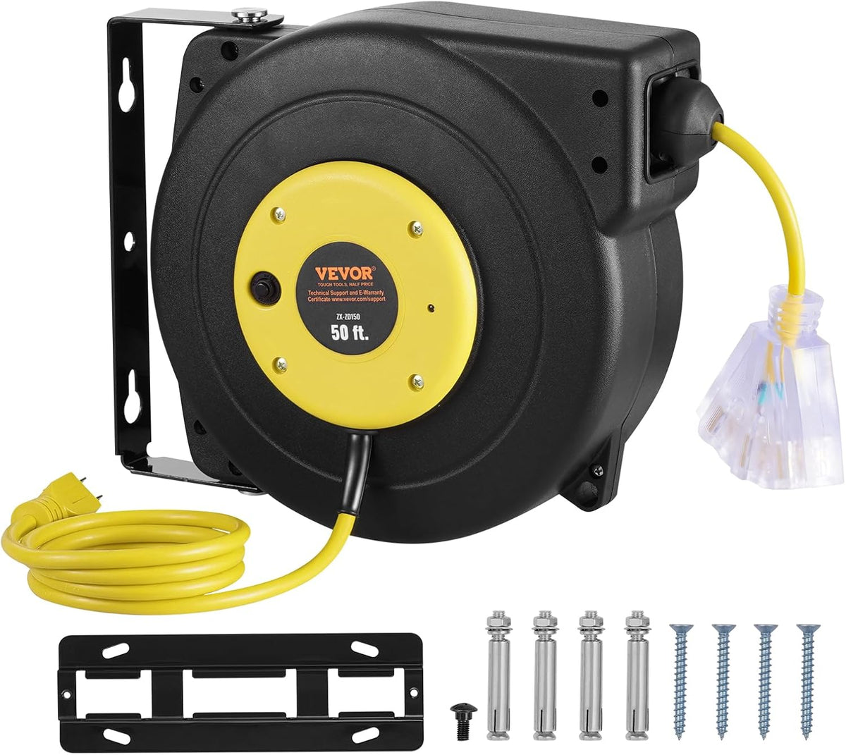 65FT Retractable Extension Cord Reel, Heavy Duty 12AWG/3C SJTOW Cord