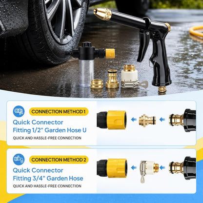Turn Any Hose Into A High-Pressure Water Jet,Heavy Duty Garden Hose Nozzle,Multi Function Lawn & Garden Watering Sprayer,Spray Nozzles for Cleaning Yard Pets Car,Three Spray Modes with Foam Pot(set)