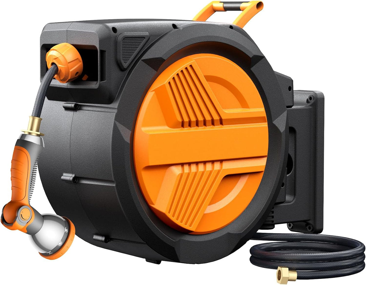 Retractable Garden Hose Reel 1/2” x 100ft, Auto Rewind Hose Reels for Outside, Heavy-Duty Wall-Mounted Outdoor Hose, 10-Mode Nozzle, Adjustable Length, 180° Rotation for Watering, Car Washing