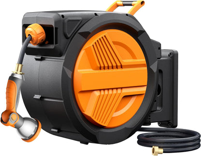 Retractable Garden Hose Reel 1/2” x 100ft, Auto Rewind Hose Reels for Outside, Heavy-Duty Wall-Mounted Outdoor Hose, 10-Mode Nozzle, Adjustable Length, 180° Rotation for Watering, Car Washing