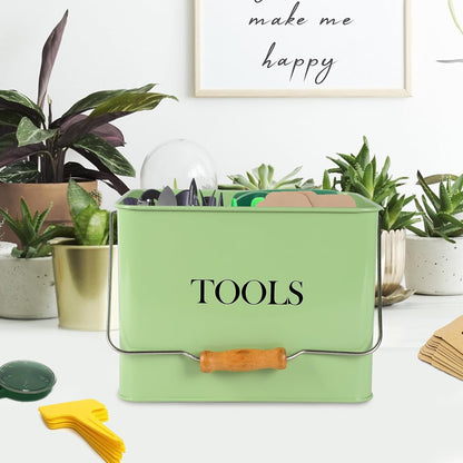 Garden Tool Organizer, Metal Tool Caddy with 3 Compartments, Portable Garden Tool Basket with Handle, Gardening Tool Kit Holder Empty, Garden Tool Storage for Indoor and Outdoor Use - Green