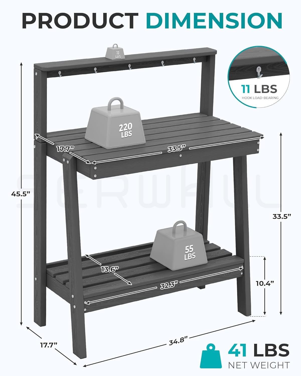 SERWALL Outdoor Potting Bench with Removeable Sink,Rot-Resistant HDPE Potting Table for Outside Gardening, All Weather Use - Gray