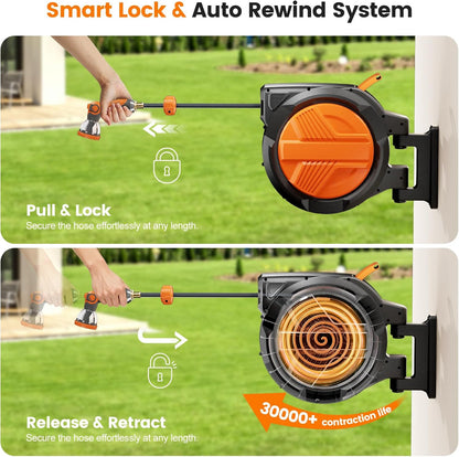 Retractable Garden Hose Reel 1/2” x 100ft, Auto Rewind Hose Reels for Outside, Heavy-Duty Wall-Mounted Outdoor Hose, 10-Mode Nozzle, Adjustable Length, 180° Rotation for Watering, Car Washing