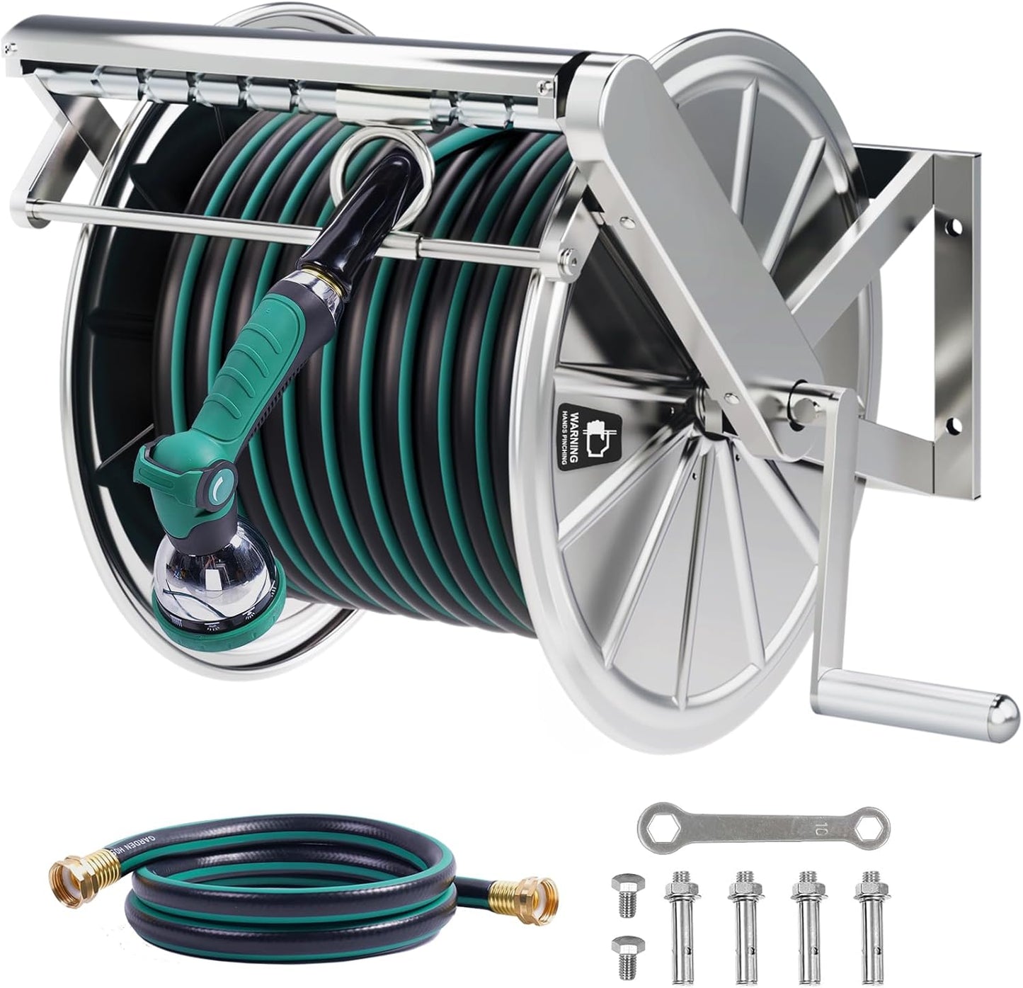 Stainless Steel Garden Hose Reel Heavy Duty, Wall Mount Water Hose Holder, 150 Feet of 5/8 Inch Hoses Capacity, Hose Reels with 5 ft Inlet Hose for Outside, Lawn, Yard, Garage