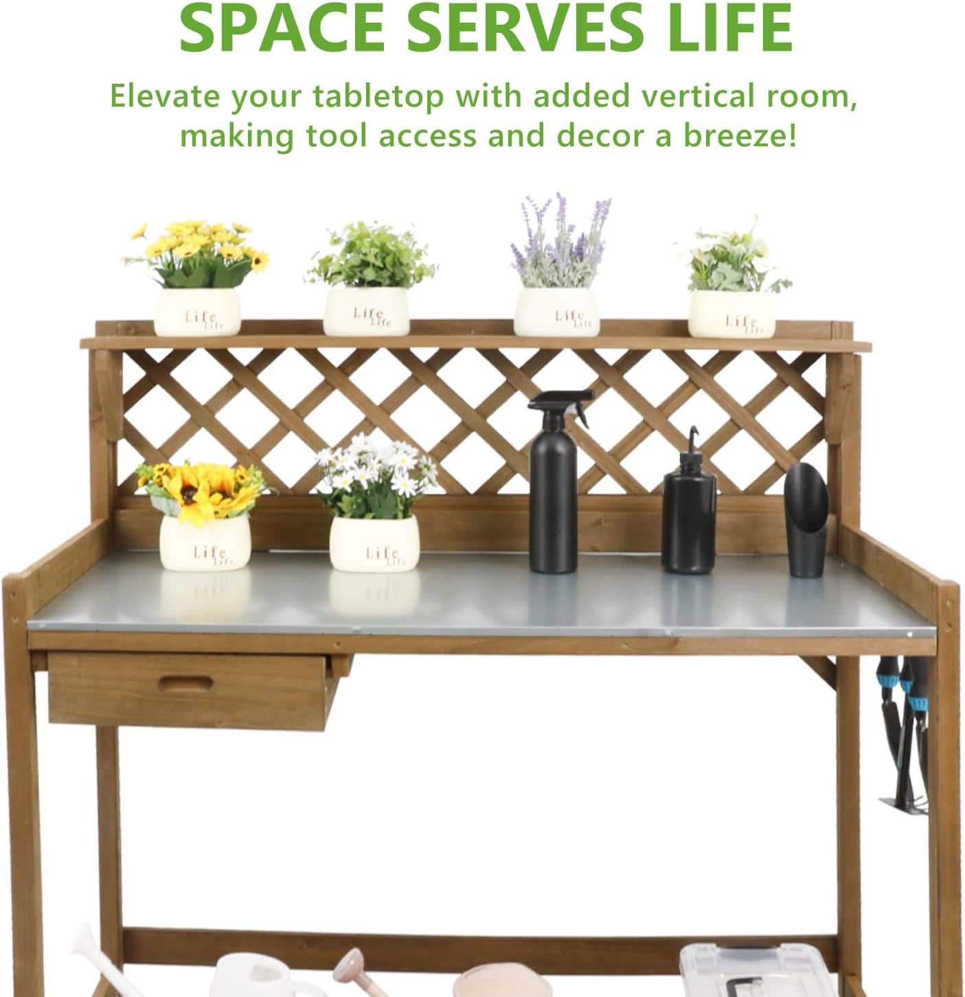 PetsCosset Folding Garden Potting Bench Table，Outdoor Wooden Work Station W/Metal Table Top,2 Tier Open Storage Rack,Top Shelf-Natural Stained