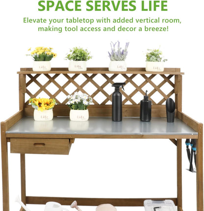 PetsCosset Folding Garden Potting Bench Table，Outdoor Wooden Work Station W/Metal Table Top,2 Tier Open Storage Rack,Top Shelf-Natural Stained