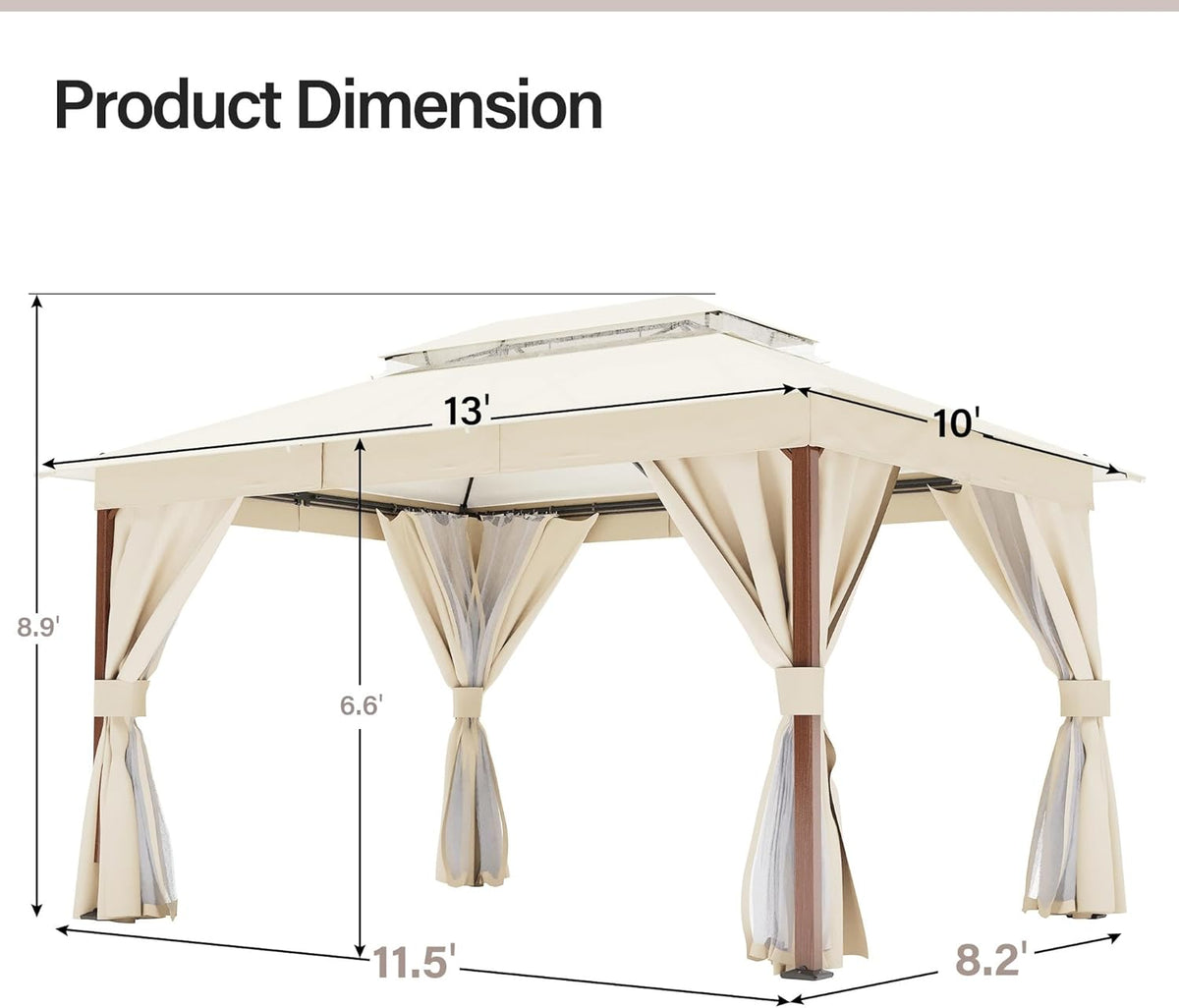 10x20 Gazebo Canopy with 100FT String Lights, Metal Heavy Duty Patio Canopy Tent with Double Roofs, Mosquito Nettings and Privacy Screens for Backyard, Garden, Lawn, Gray