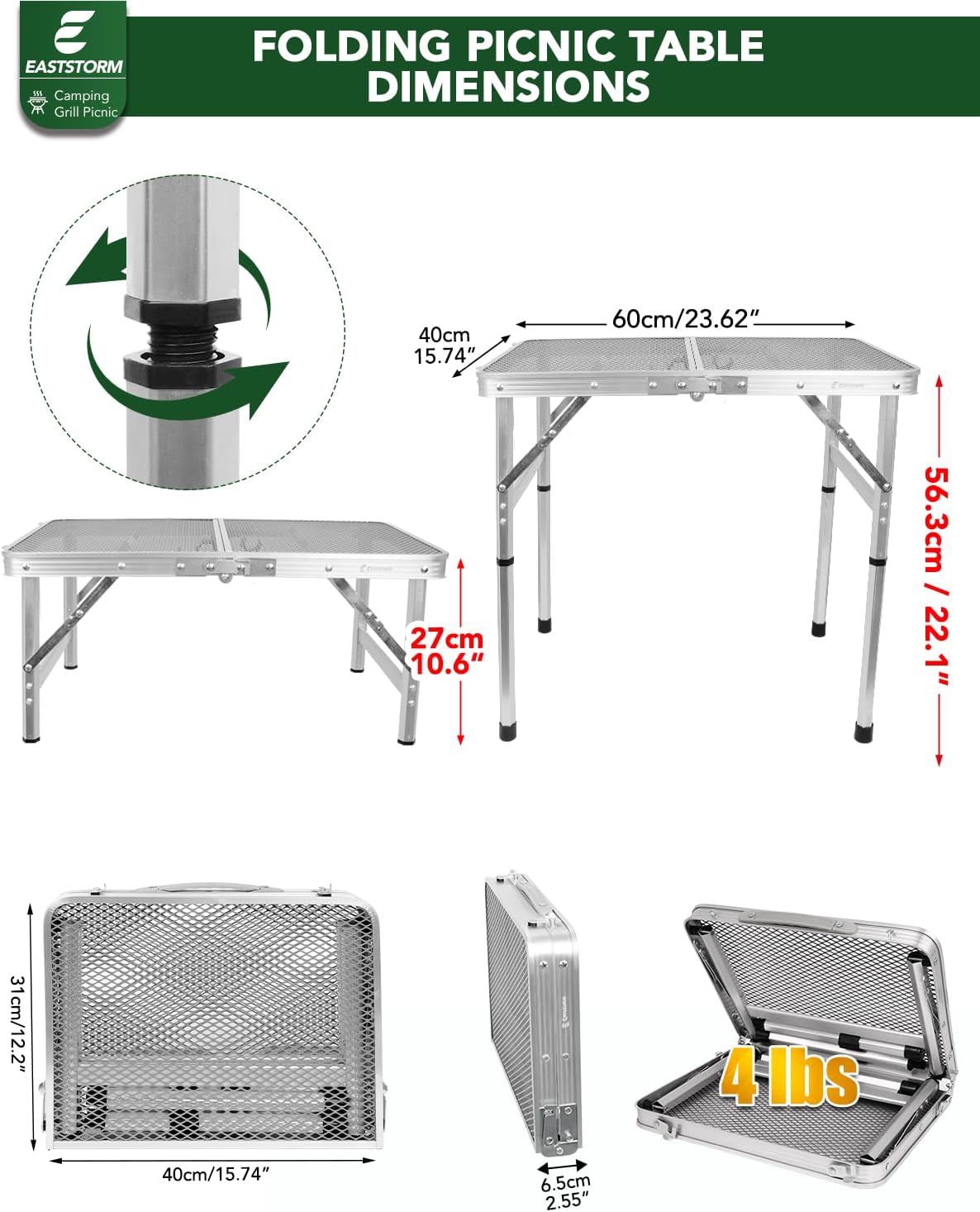 2Ft Small Folding Table with Carry Handle, Camping Table Adjustable Height 10.6–22 in, Black Metal Mesh, Portable & Compact for Outdoor/Indoor,Grill Table, 23.6×15.8 in, 4 lb, 66 lb Capacity