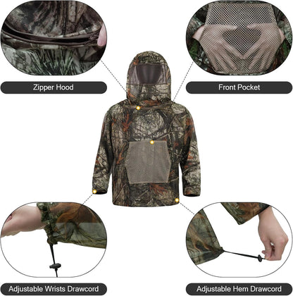 Mosquito Netting Suit Bug Net Mesh Clothing with Hood Outdoor Garden Hunting Camo Protection from Fly Insects Bugs