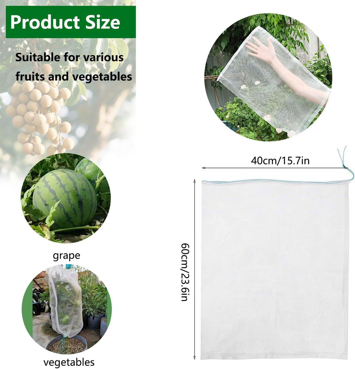Belit 10Pcs 23.6"x15.7" Garden Netting pest Barrier Tomatoes Protection Bags Large Size Nylon Mesh Reusable Fruit Bags for Protecting Fruits Vegetables