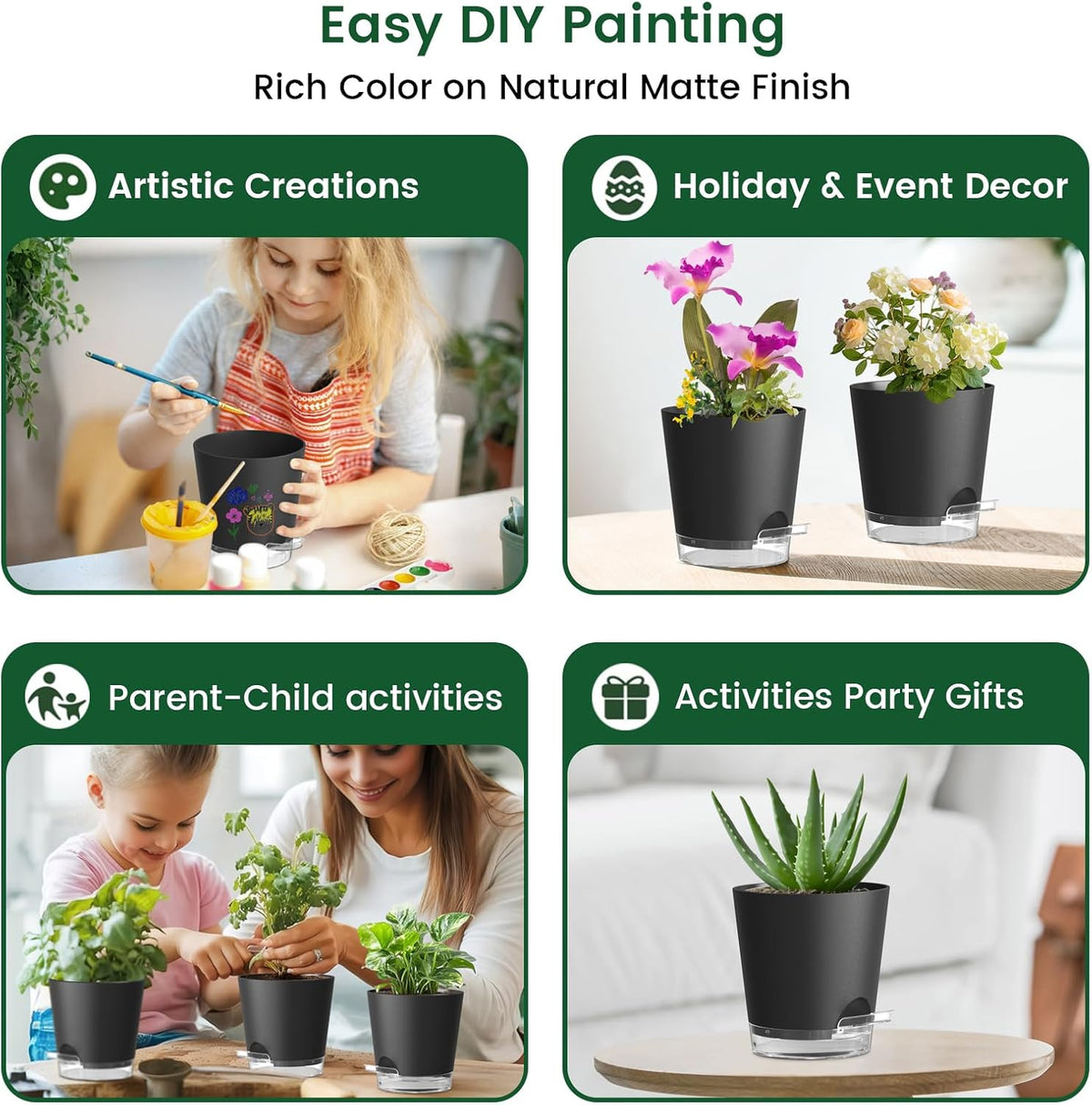 Meowell Self Watering Pots Pack of 6 – Different Size 4" to 7" Indoor Plant Pots with Drainage Holes and Clear Reservoir for Visible Water Level, Plastic Wicking Planters for House Plants, White
