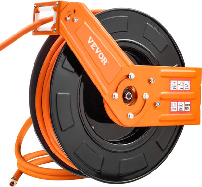 VEVOR Retractable Air Hose Reel, 3/8IN x 100FT Rubber Air Hose Max 300PSI, Air Compressor Hose Reel Auto-Rewind with 5FT Lead in, Ceiling/Wall Mount Heavy Duty Single Arm Steel Reel, 1/4" NPT Fitting