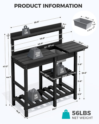 SERWALL Outdoor Potting Bench with Removeable Sink,Rot-Resistant HDPE Potting Table for Outside Gardening, All Weather Use - Gray