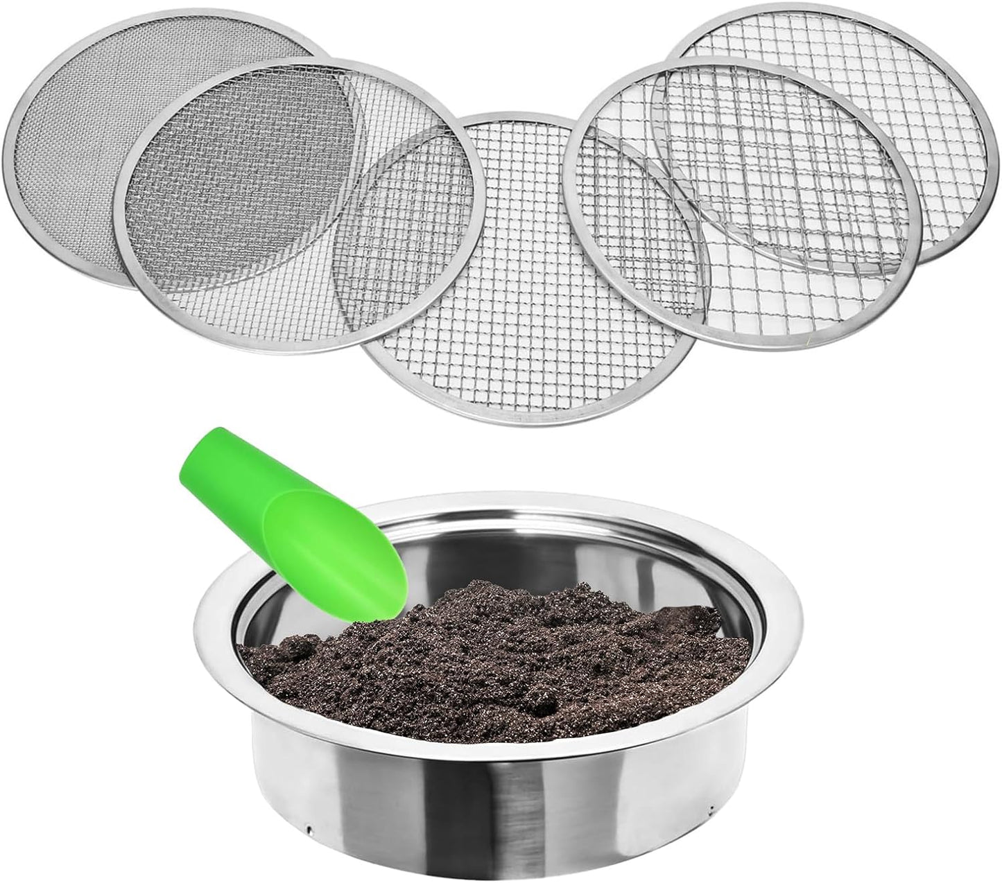 Stainless Steel Soil Sifter for Gardening,Sand Sifter Tool with Interchangeable Mesh Screens(1,3,6,9,12mm) and Scoop Shovel,Soil and Compost Screening Kit