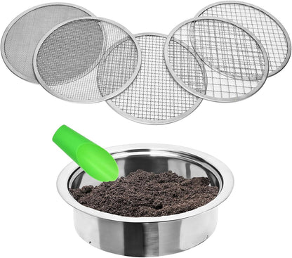Stainless Steel Soil Sifter for Gardening,Sand Sifter Tool with Interchangeable Mesh Screens(1,3,6,9,12mm) and Scoop Shovel,Soil and Compost Screening Kit
