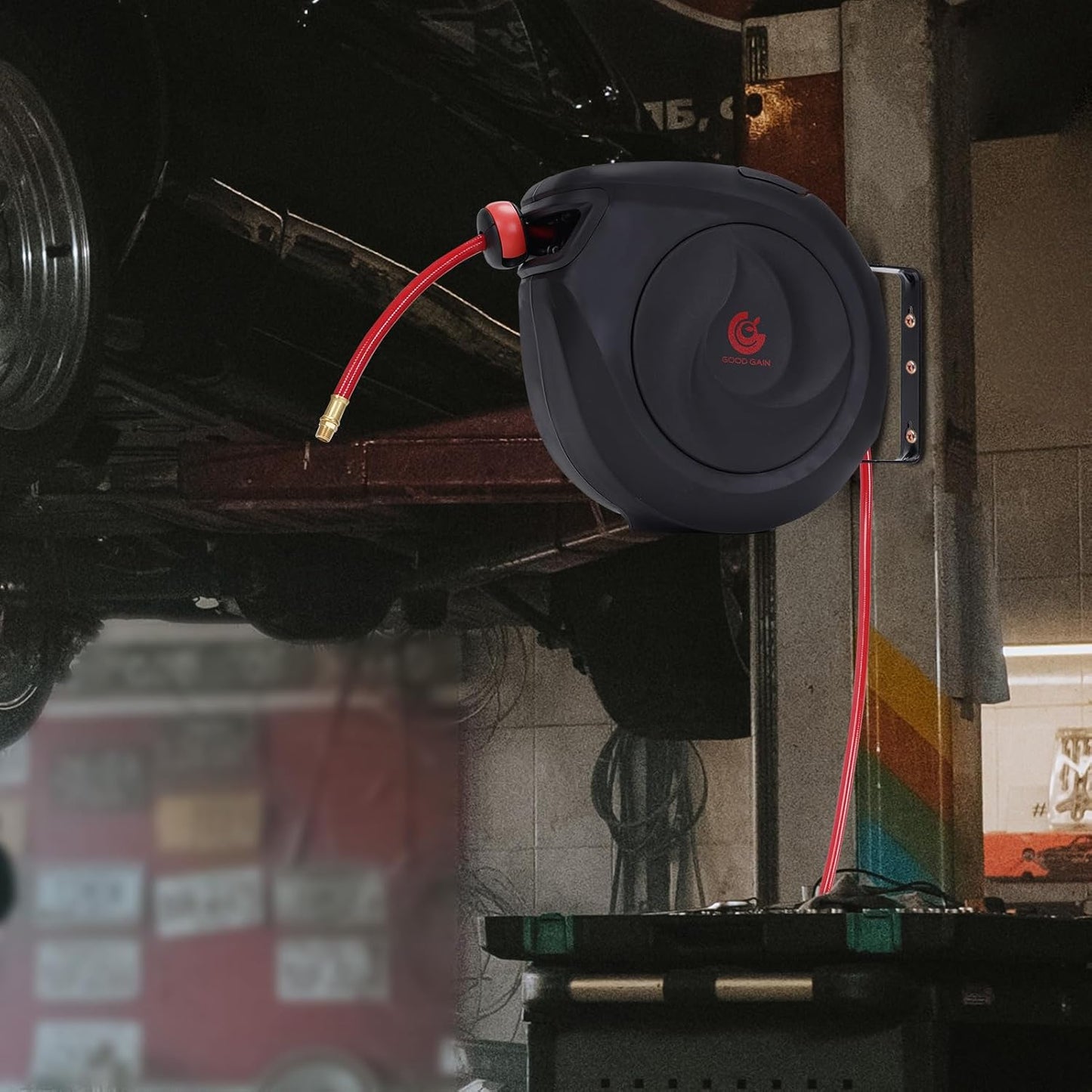 Air Hose Reel Retractable 3/8 in. x 50 ft Hybrid Polymer Hose, Retractable Auto-Rewind Enclosed Heavy Duty 180° Swivel Mount, Max 300PSI Commerical Polypropylene Grey